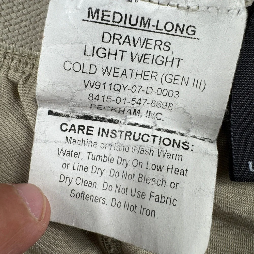 Peckham Drawers Mens M-Long Tan ECWCS Gen III Level 1 Base Layer Military GI